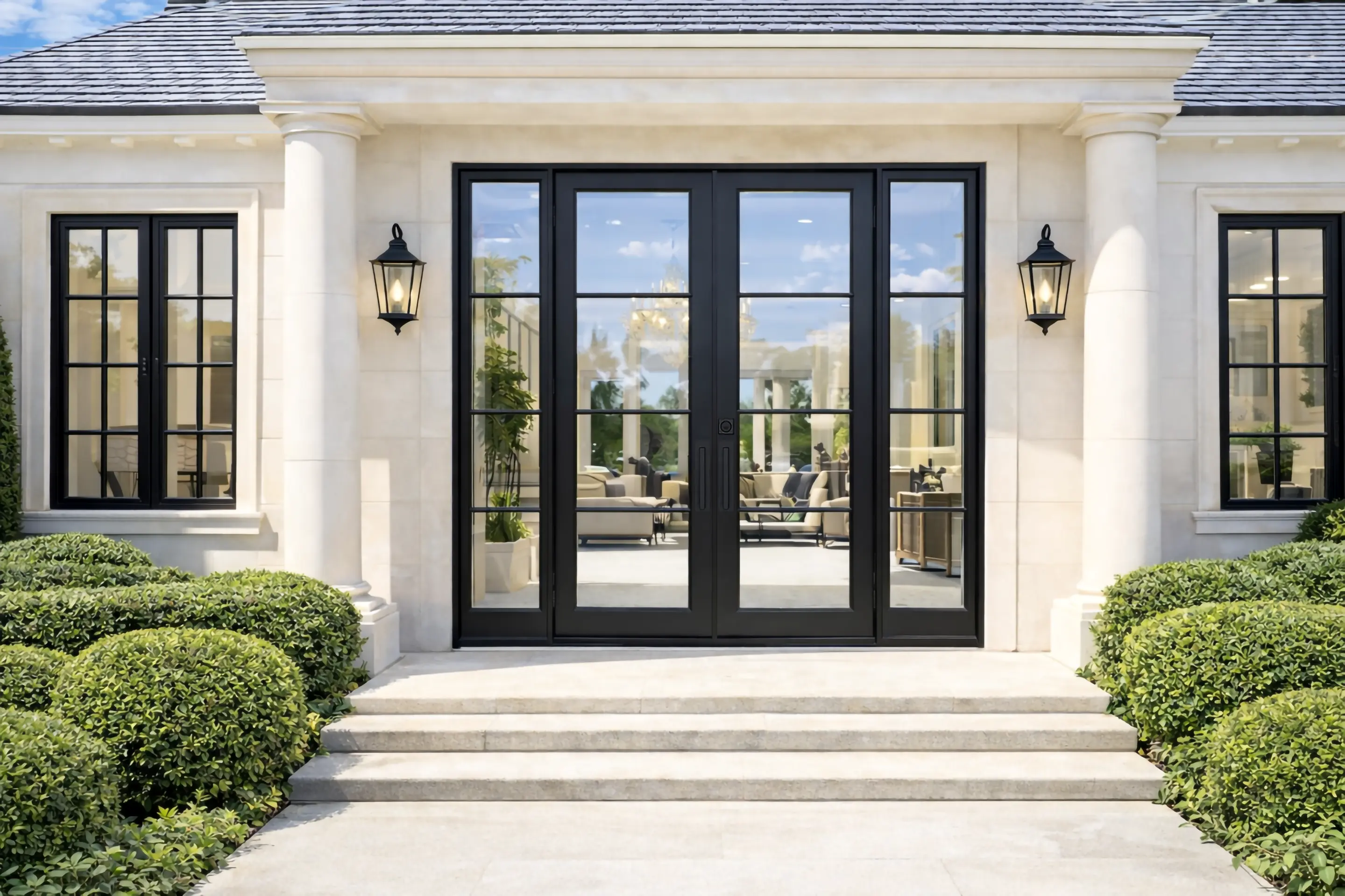 Black steel French entry doors with divided glass, set between limestone columns