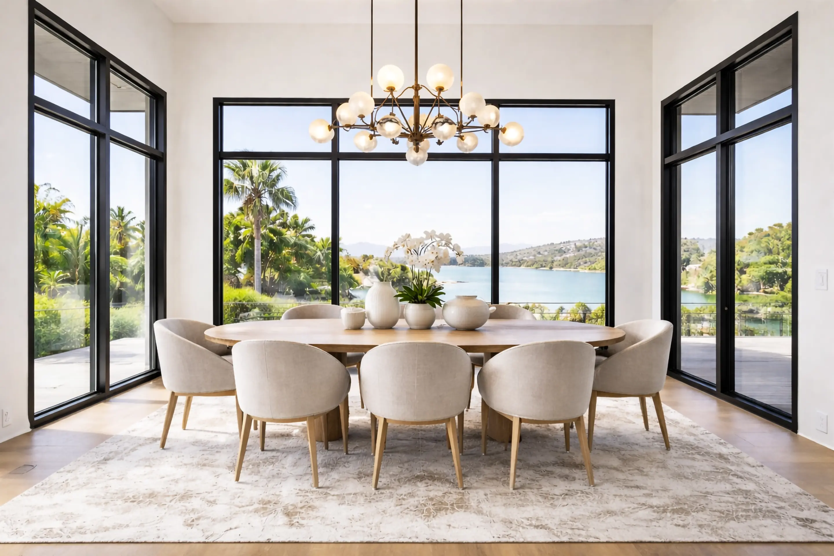 Black steel window wall wrapping a dining room, framing a lake and palm garden