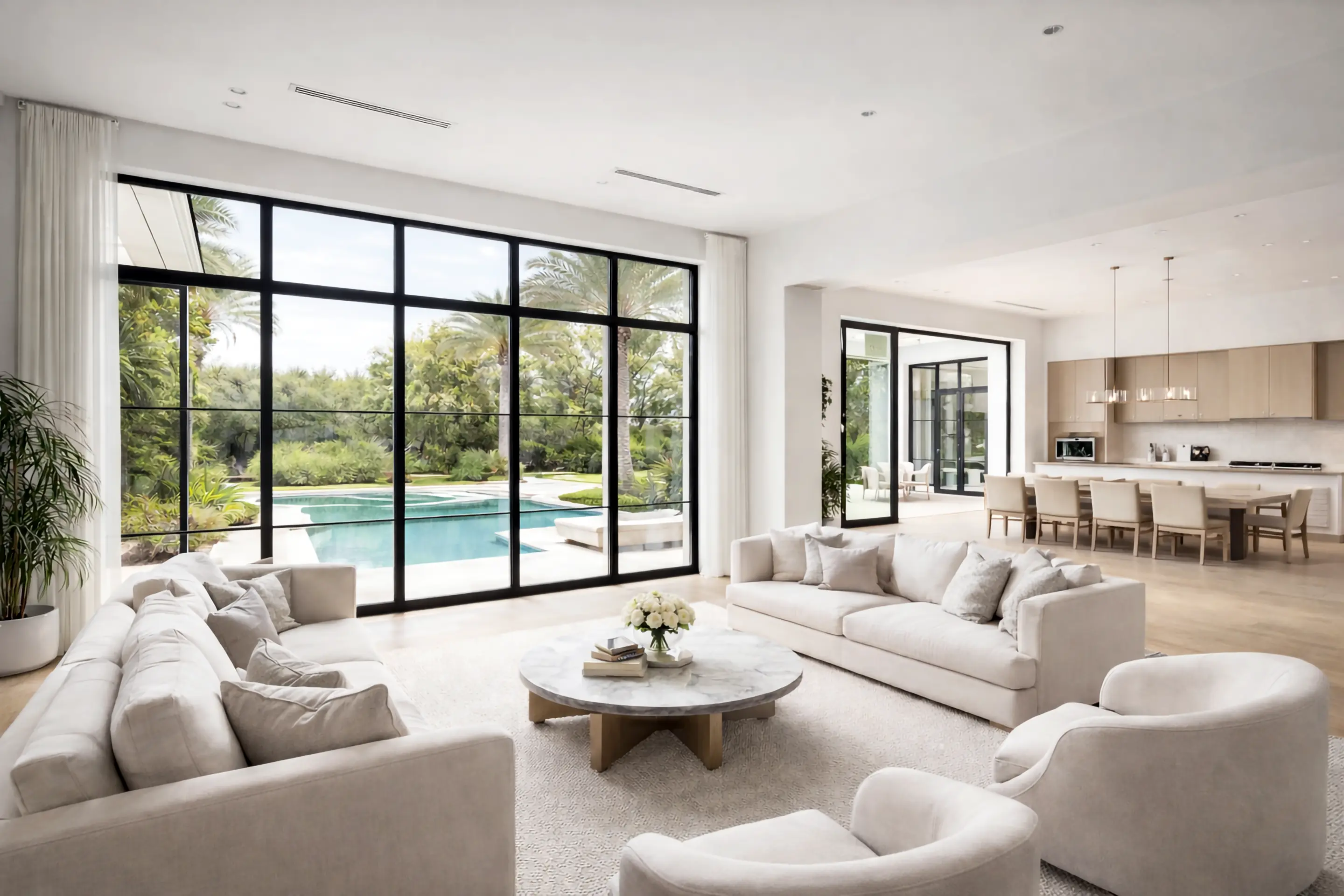 Floor-to-ceiling black steel window wall in a light-filled living room, opening onto a pool terrace