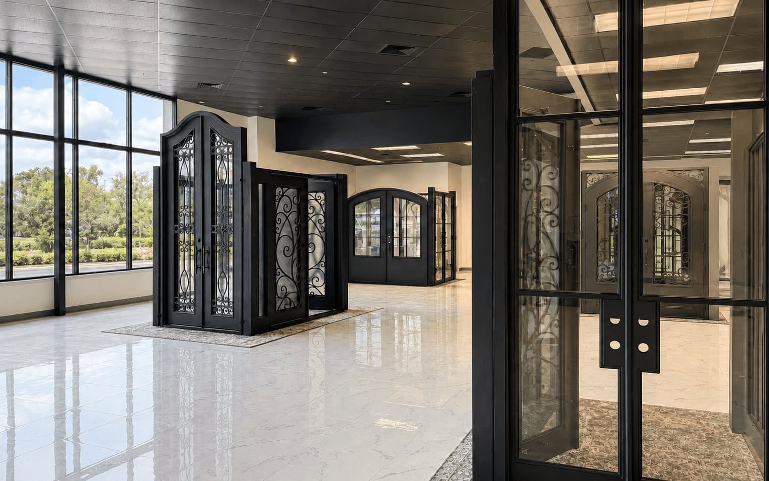Inside the Brandon showroom: arched wrought iron double doors displayed on the polished showroom floor beside a wall of windows looking out to palms.