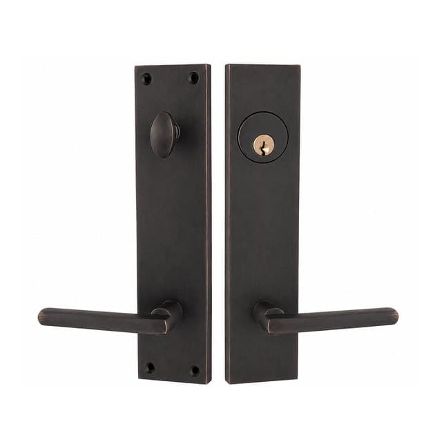 A pair of oil-rubbed bronze handleset plates with matching levers, one carrying a keyed cylinder and one a thumbturn.