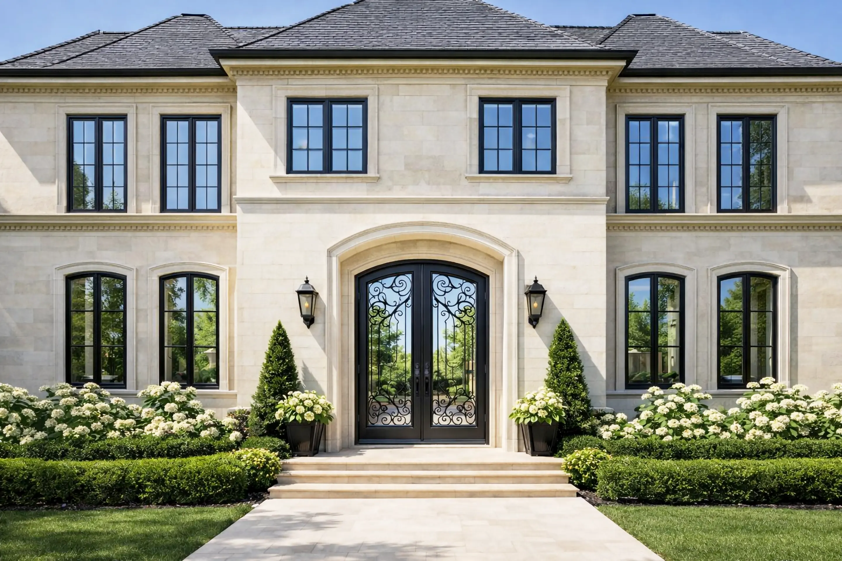 Arched wrought iron double entry door with scrolled ironwork on a carved limestone facade