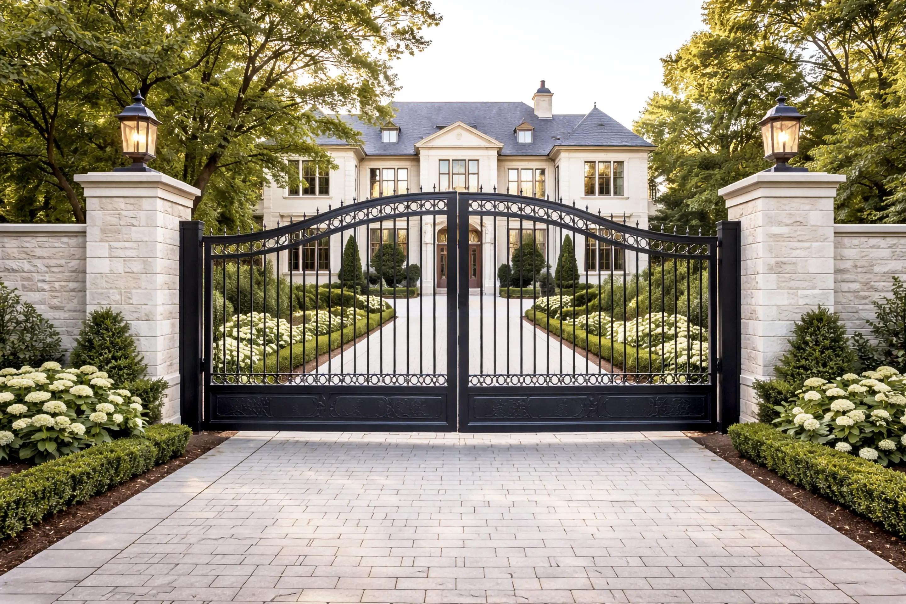 Wrought iron double driveway gate with scrolled cresting at the entrance to a stone estate