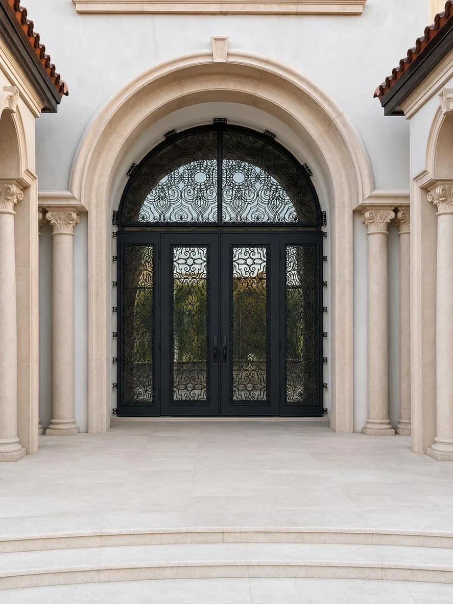 Double iron entry doors with transom — featured local project in Wellington, FL