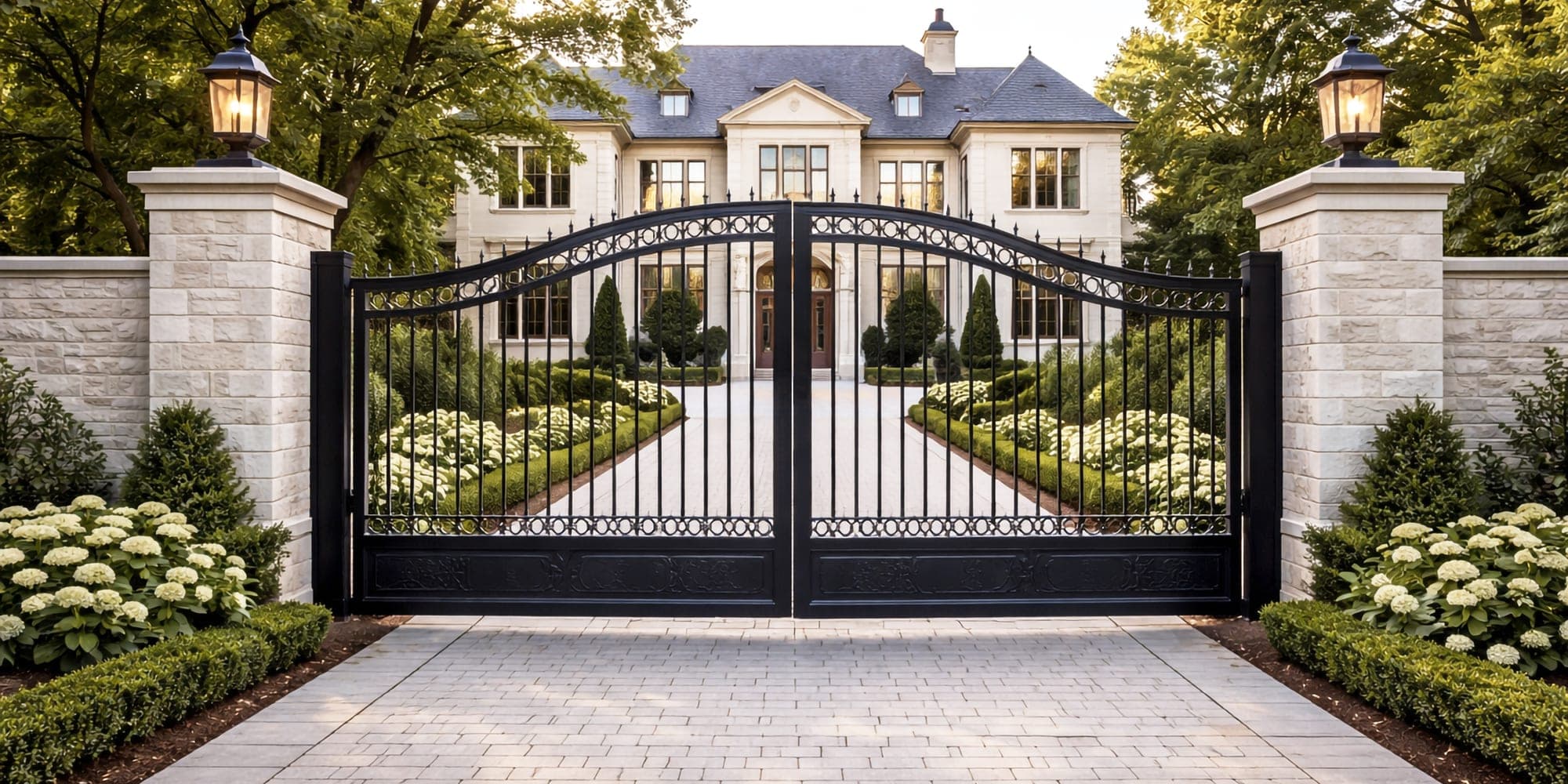 A pair of wrought iron driveway gates between lit stone piers at dusk, opening onto a paved drive and a large house beyond.