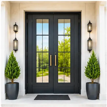 Custom double iron entry doors with divided glass panels