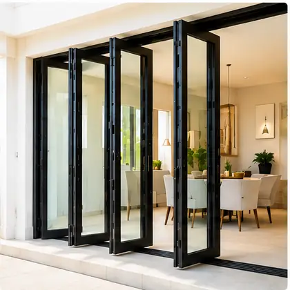 Multi-panel folding glass door system stacked open