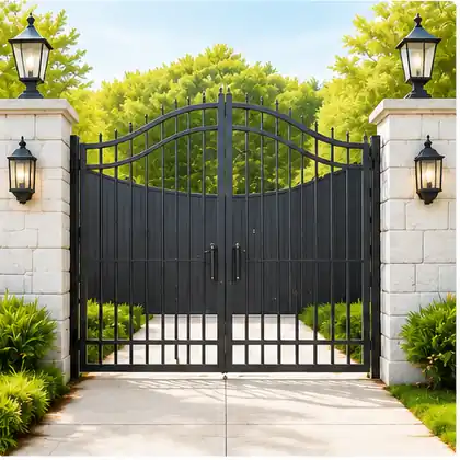 Custom arched iron driveway gate between stone pillars
