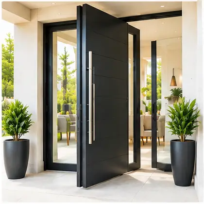 Modern black pivot entry door with glass sidelights