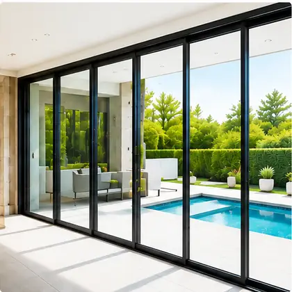 Black aluminum sliding glass door system opening to a patio