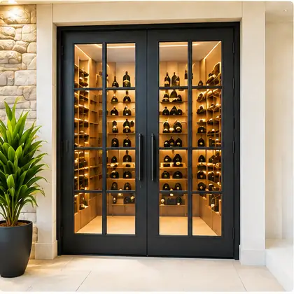Iron and glass wine cellar doors displaying a wine collection