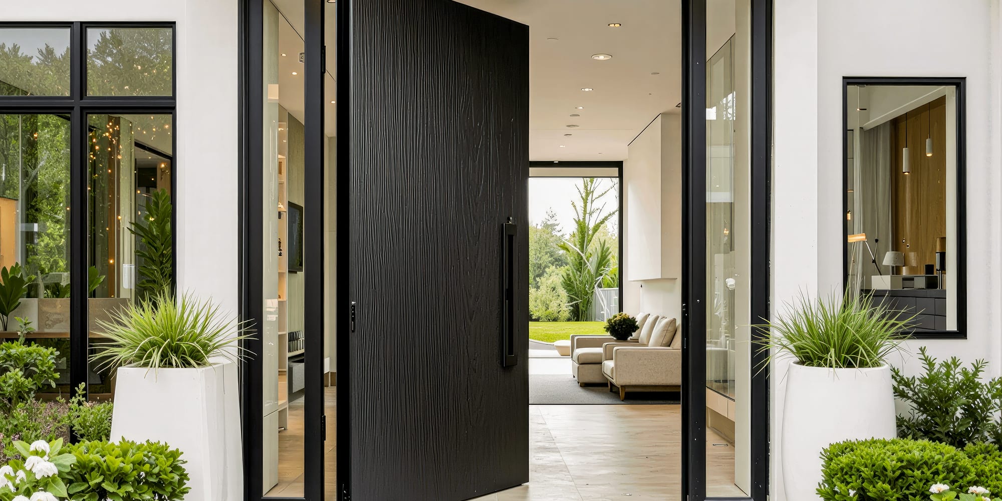 Modern black pivot entry door with full-height sidelights