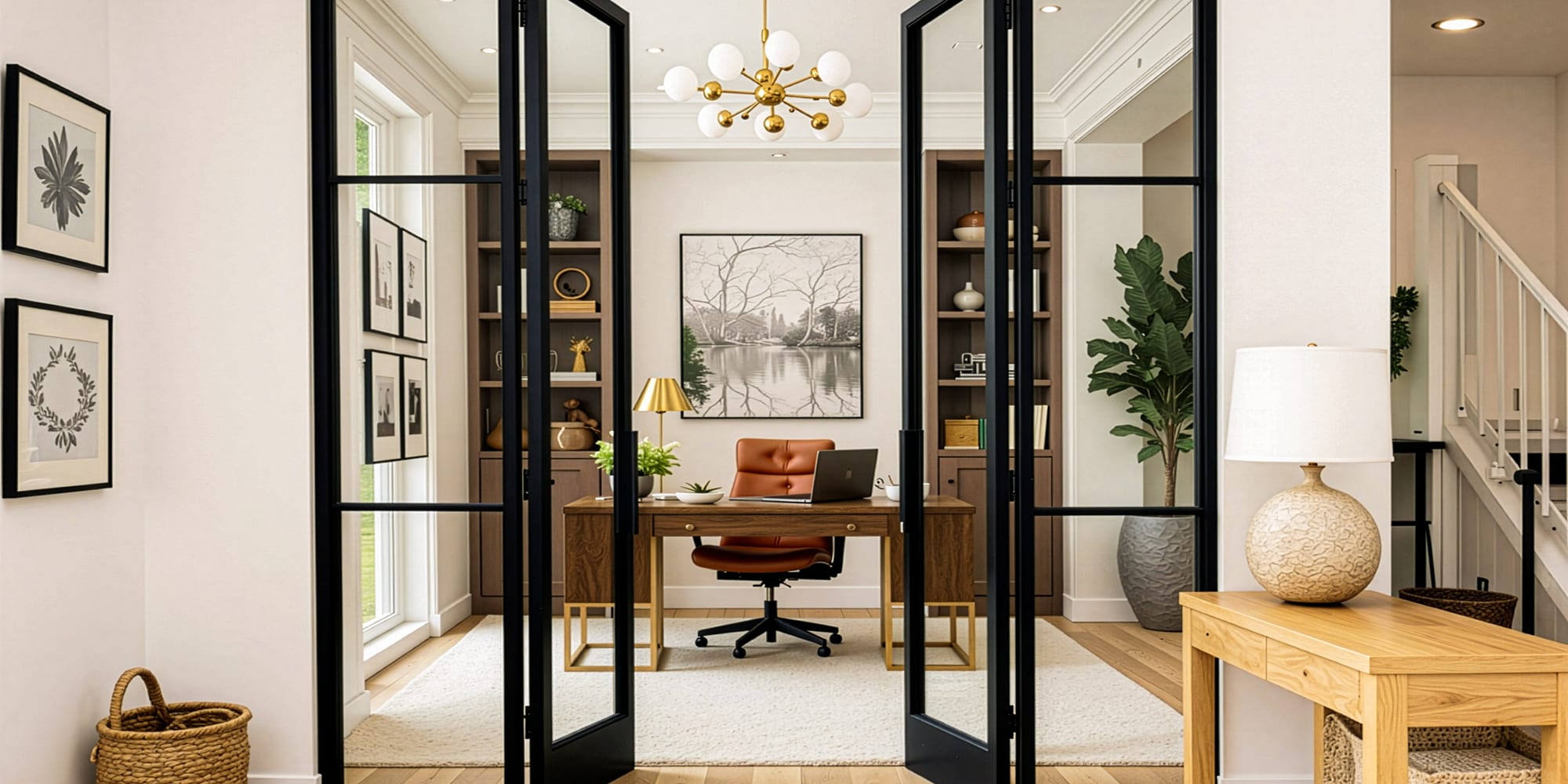 Steel and glass french doors opening to a home office