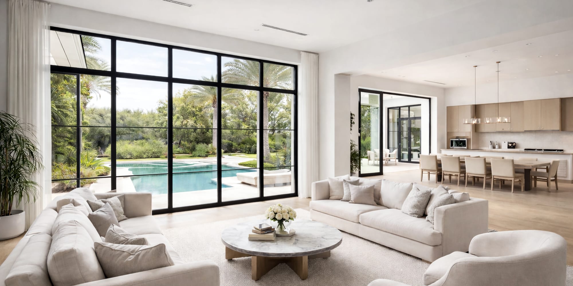 Steel framed window wall in an open plan living room