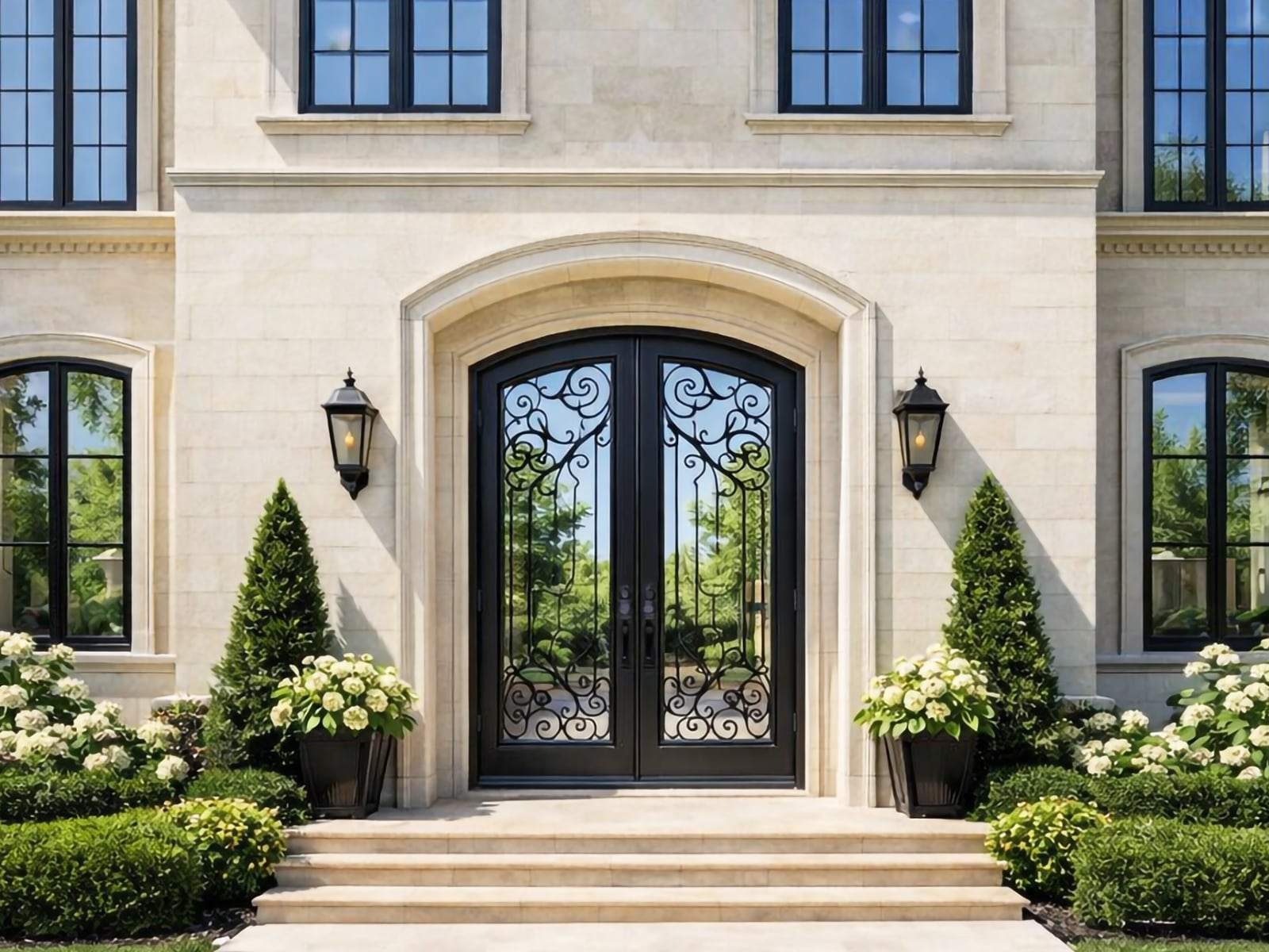 Wrought iron arched double entry doors in a limestone facade